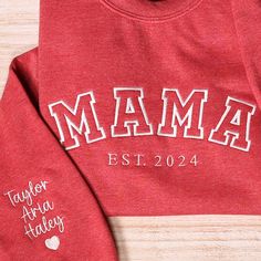 Custom Mama Embroidered Sweatshirt With Kids Names Sleeve New Mom Gifts, New Mama, Mom Hoodies, Mothers Day Gifts, Mama Sweatshirt, Pregnancy Reveals, Embroidered Clothes, Mens Long Sleeve Tee, Mothers Day Shirts