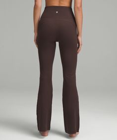 A Coveted Classic. These Flared Pants Are Perfect For Your Practice And Beyond. Designed For On The Move. Hugs Your Body From Waist To Knee:flares Out From The Knee To Hem:32.5" Inseam, Intended To Skim The Floor For Heights Of 55"-58". Back Drop-In Waistband Pocket Holds A Card, Key, Or Cell Phone. | Groove Nulu Super-High-Rise Flared Pant Regular Lulu Lemon Flare Leggings, Brown Lululemon, Bell Bottoms Outfit, Teal Pants, Brown Flares, Lulu Pants, Gift Aesthetic, Lululemon Pants, Performance Leggings