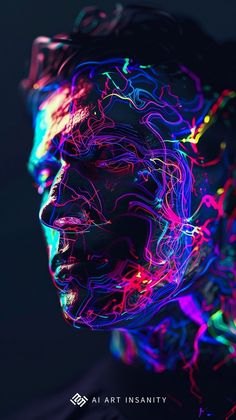 a man's face is lit up with neon lights and the words art instantity