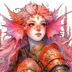 a drawing of a woman with pink hair and armor