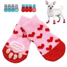 a small white dog standing next to a pair of pink socks with hearts on them