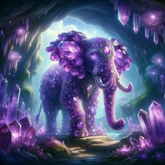 an elephant is standing in the middle of a cave with purple crystals on its back