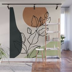 a living room wall mural with plants on it