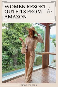 a woman standing in front of a window with the words women resort outfits from amazon on it