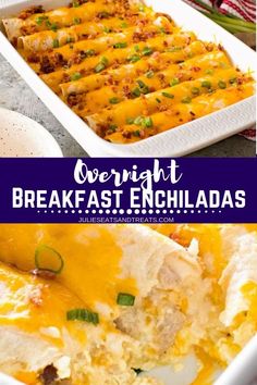 an enchilada casserole in a white dish with the title overlay