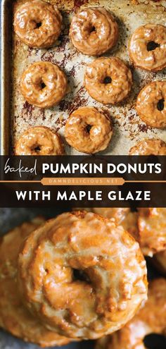 baked pumpkin donuts with maple glaze on a baking sheet and in a pan