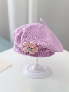 1pc Baby 0-3 Years Old Baby Children's Beret, Cute Boys And Girls Knitted Hat, Floral Fashion Solid Color Spring And Winter Winter Winter Warm Children's Hat Purple Cute,Daily   Acrylic  Beret,Knit Hat   Kids Accessories, size features are:Bust: ,Length: ,Sleeve Length: Girls Knit Hat, Flower Sunglasses, Knitted Hats Kids, Cute Styles, Purple Collar, Childrens Hats, Knitted Flowers, Floral Elements, Cute Spring