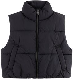 Trendy Solid Color Cold Weather Vest, Trendy Solid Vest For Cold Weather, Trendy Sleeveless Vest For Cold Weather, Trendy Black Puffer Vest, Versatile Sleeveless Vest For Winter, Black Sleeveless Vest With Padded Collar, Black Vest With Padded Collar For Streetwear, Black Functional Vest With Padded Collar, Functional Black Vest With Padded Collar