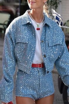 Lasaky - Chic Sequined Two-Piece Set with Turndown Collar and Long Sleeves Chique Outfit, Two Piece Short Set, Two Piece Pants Set, Sequin Jacket, Workwear Fashion, Chic Outfit, Turndown Collar, Short En Jean, Short Coat