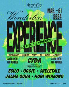 an event poster with the words experience and friends written in black on blue, green and yellow