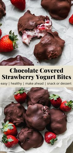 chocolate covered strawberry yogurt bites on a plate with strawberries in the background