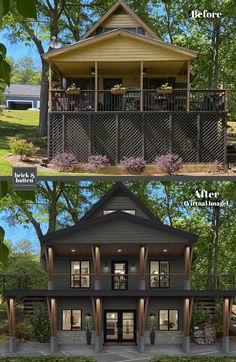 the before and after pictures of a house with porches on each floor, covered in wood