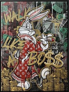 a painting of a rabbit holding a beer in front of graffiti on the side of a building