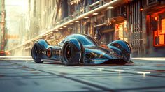 a futuristic race car in the middle of a city