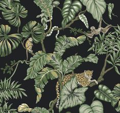 a black background with green leaves and animals in the jungle, including a cheetah