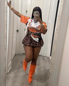 Fuzzy Boots Outfit Black Women, Big Jam, Jam Ideas, Jersey Outfits, Cheetah Hair, Permit Test, Orange Boots, Drivers Permit, Shein Fits