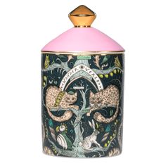 a black and pink canister with leopards on the front, in gold trimming