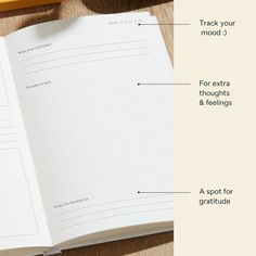 an open notebook with instructions on how to write in it and the contents labelled below