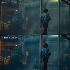 two images of the same person standing in front of a glass wall and looking at something behind them