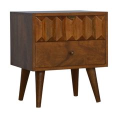 a wooden cabinet with two drawers and three legs