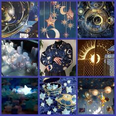 the collage shows many different items in blue and gold colors with stars, crescents, moon shapes, and other decorative objects