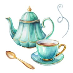 watercolor painting of teapot and cup with spoon