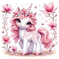 a pink unicorn with flowers and butterflies on its head