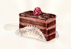 a drawing of a piece of chocolate cake with raspberries on top, sitting next to a fan