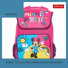 Features: Adjustable StrapsCharacter: Minnie MouseClosure Type: ZipperPockets: 1 Front Zip PocketMeasurements: 100 Height/InchesMax Strap Drop Length: 3 InchesBase Material: 100% PolyesterCare: Wipe CleanCountry of Origin: Imported Minnie Mouse Backpack For Travel And Back To School, Disney Backpack For Back To School, Disney Backpack For Daily Use And Back To School, Back To School Minnie Mouse Backpack, Back To School Minnie Mouse Standard Backpack, School Backpack With Minnie Mouse Design, Minnie Mouse School Bag For Back To School, Minnie Mouse Backpack For Back To School, Disney Multicolor Backpack For Back To School