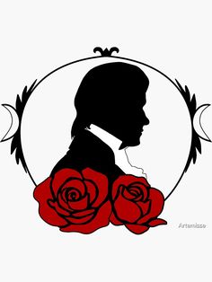 the silhouette of a woman with two roses in front of her, and an oval frame