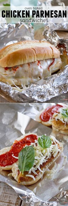 chicken parmesan sandwiches on tin foil