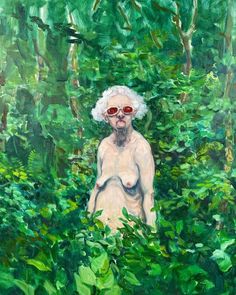 a painting of an older woman sitting in the woods wearing red sunglasses and white hair