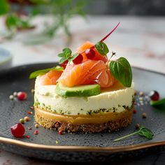 a plate topped with a cheesecake covered in toppings and garnishes