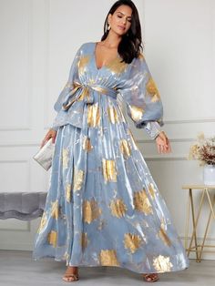 Plunging Neck Lantern Sleeve Gold Floral Organza Dress | SHEIN USA White Dress Outfit Summer, Floral Organza Dress, Green Cotton Dress, Mode Abaya, Moroccan Dress, Muslim Fashion Dress, Plunging Neck, Organza Dress, Simple Pakistani Dresses