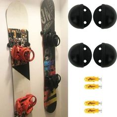 the snowboard is mounted to the wall with four different attachments for each board