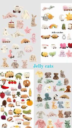 various stuffed animals are shown in different colors and sizes, with the words jelly cats above them