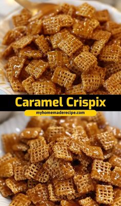 two pictures of caramel crispix cereal on a plate