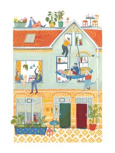 a painting of people hanging out in the window above a house with potted plants