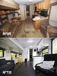 before and after photos of a mobile home kitchen, living room and dining area with couches