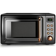 a black microwave oven sitting on top of a white counter