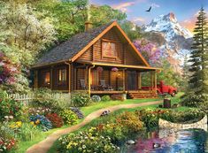 a painting of a log cabin in the woods with flowers and trees on the side