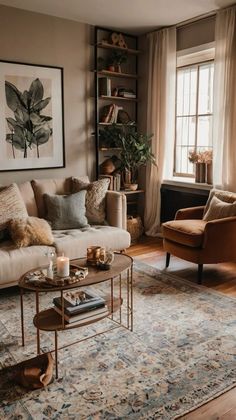 a living room with a couch, chair and coffee table in front of a window