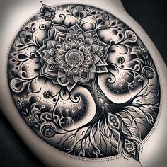 a woman's stomach with an intricate tattoo design on it