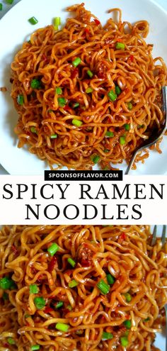 Spicy ramen noodles are served on a white plate. Unusual Dinner Ideas Recipes, Ramon Noodles Recipes, Spicy Ramen Noodles, Easy Ramen