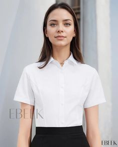 Ebeek - Ladies Classy Short-Sleeved White Shirt - Solid Color, Exquisite Workwear Blouse Cotton Short Sleeve Office Blouse, Short Sleeve Office Tops, Short Sleeve Blouse For Office, Solid Short Sleeve Blouse For Office, White Slim Fit Tops For Office Wear, Cotton Short Sleeve Blouse For Office Wear, Classic Short Sleeve Blouse For Workwear, White Fitted Professional Shirt, White Short Sleeve Office Shirt