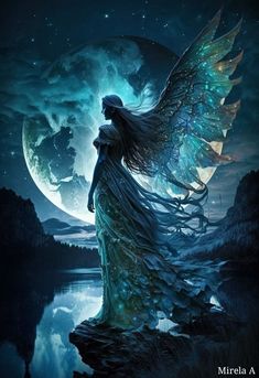 a woman with long hair and wings standing in front of a full moon filled sky