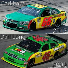 two cars with numbers painted on them in the same color as each other, one green and one yellow