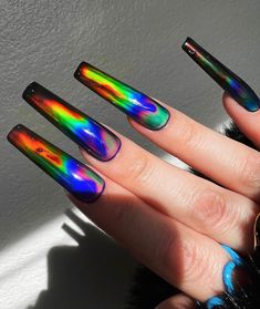 Mood Ring Nails, Fall Coffin Nail Designs, Fall Coffin Nails, Chrome Nails Silver, Mood Changing Nails, Mood Nails, Nails Vibrant, Ring Nails, Nail Vibes