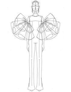 a line drawing of a man with wings on his shoulders and arms, standing in front of a white background