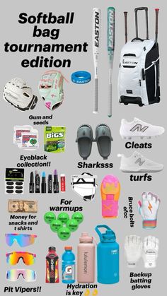 a poster with various items that include sports equipment